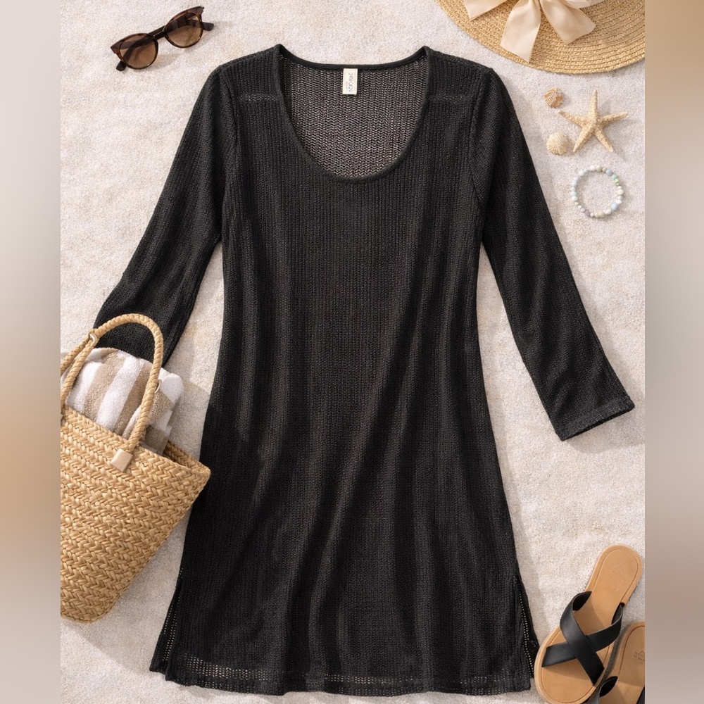 24 & Ocean Sheer Swim Cover Up Dress Size L Black Knit Beach Pool Resort Cruise